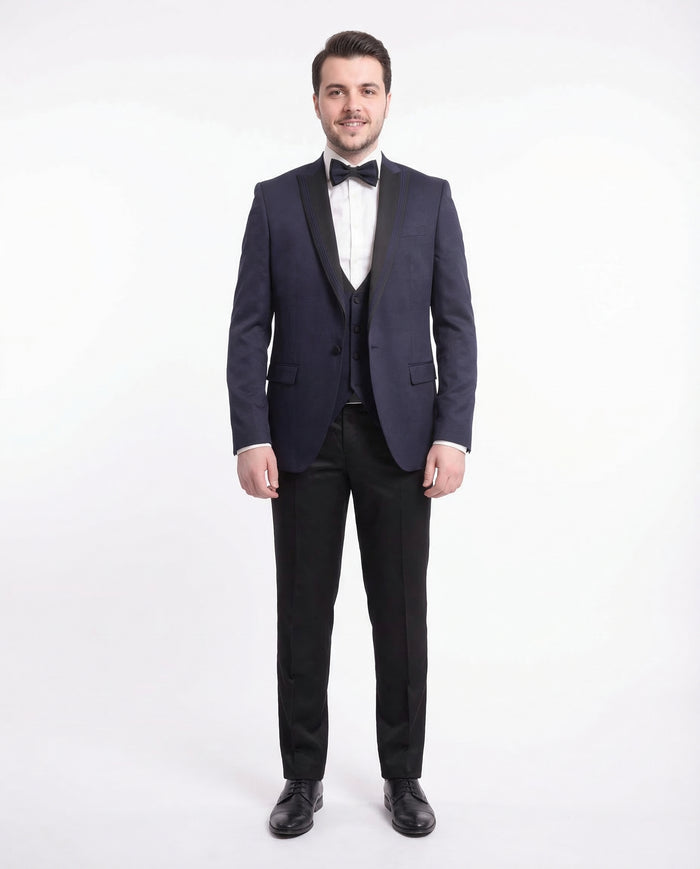 Cemden Extra Slim Fit Navy Blue Textured One Button Tuxedo