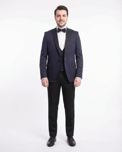 Cemden Extra Slim Fit Navy Blue Textured One Button Tuxedo