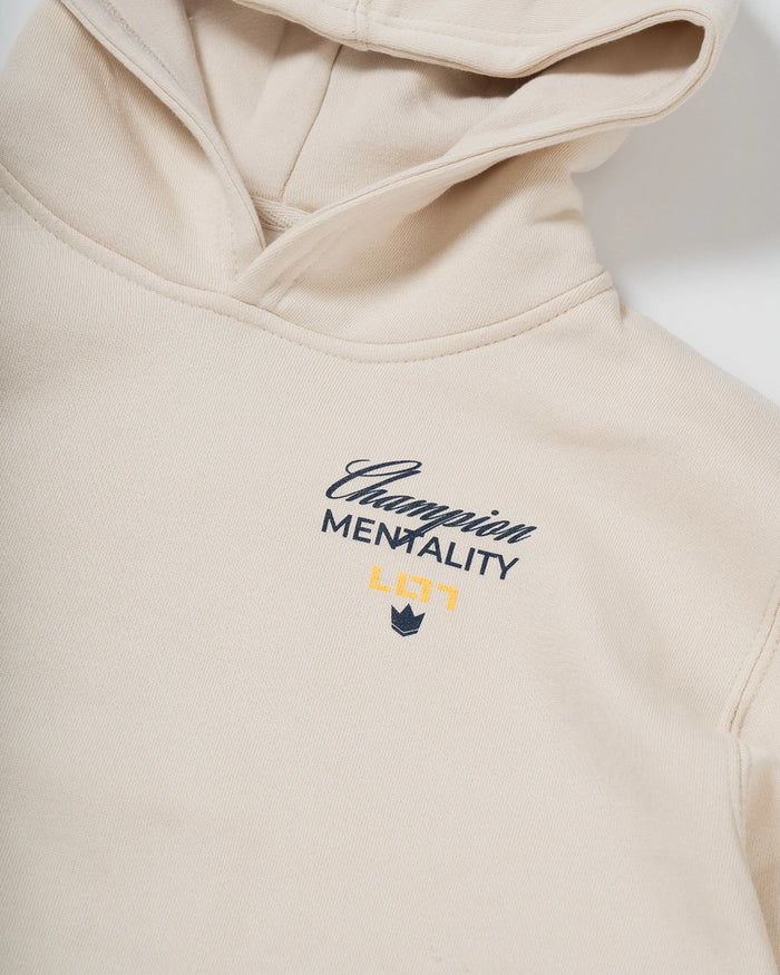 Kingz Champion Youth Hoodie - Chest Detail - Close Up Champion Mentality Script - French Oak - Youth BJJ Hoodie [color:French Oak]