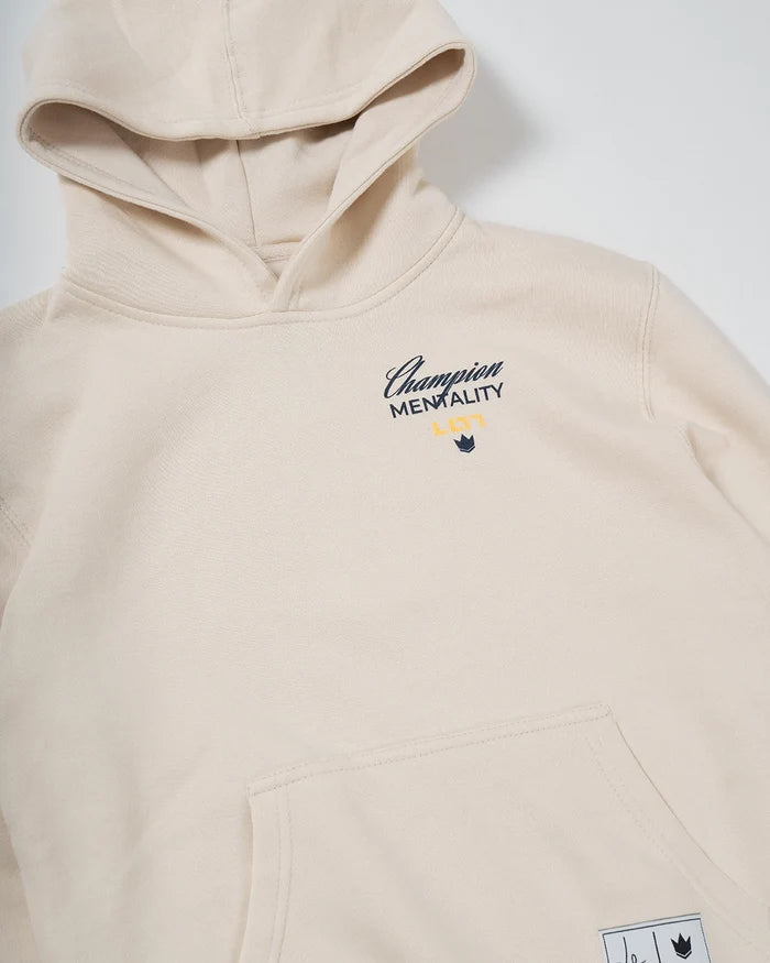 Kingz Champion Youth Hoodie - Hood Detail - Angled Hood and Chest Logo View - French Oak - Youth BJJ Hoodie [color:French Oak]