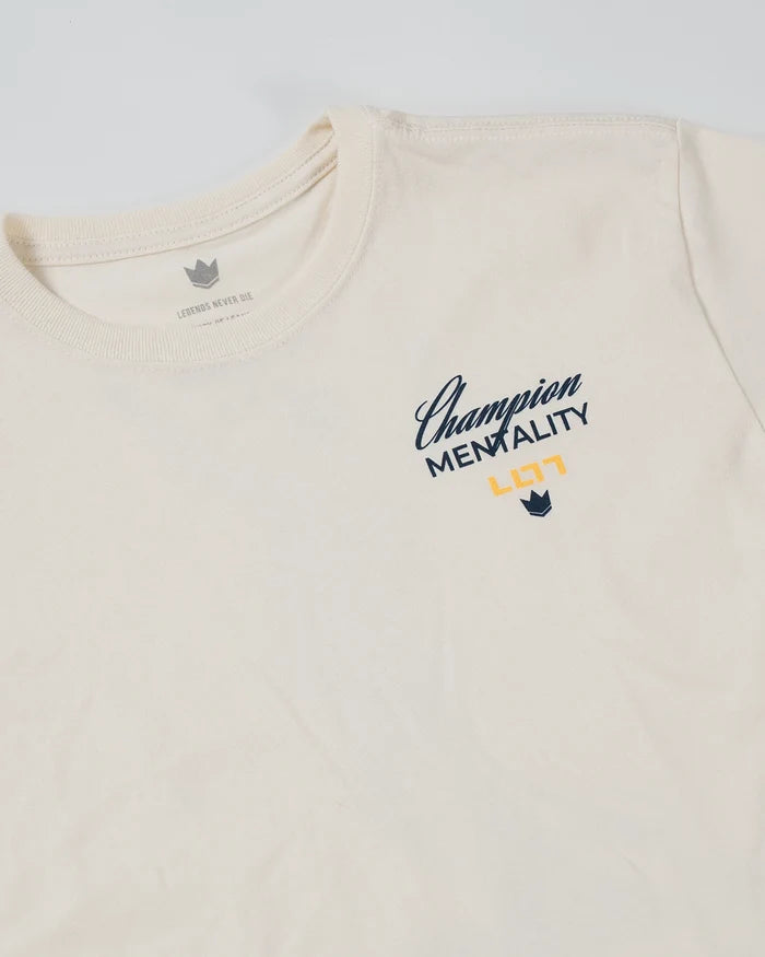 Kingz Champion Youth Tee - Detail Shot - LO7 Legends Never Die Script Close-up - French Oak Youth BJJ Tee [color:French Oak]