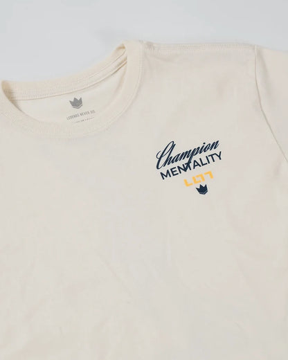 Kingz Champion Youth Tee - Detail Shot - LO7 Legends Never Die Script Close-up - French Oak Youth BJJ Tee [color:French Oak]