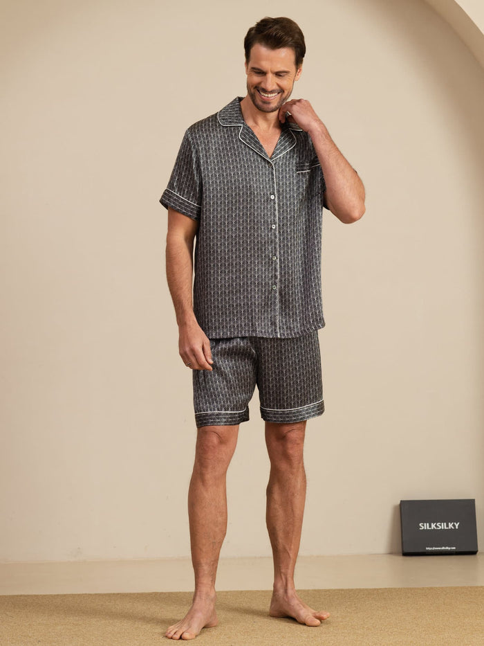 [Black Ginkgo] SilkSilky  Short Sleeve Lapel Collar Men's Pajamas 003
