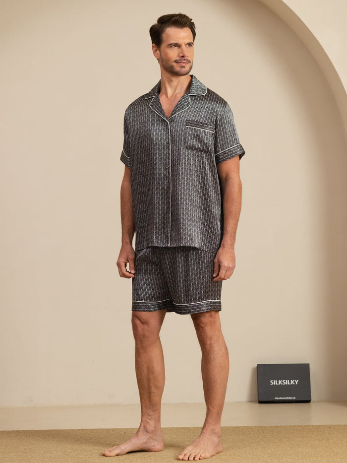 [Black Ginkgo] SilkSilky  Short Sleeve Lapel Collar Men's Pajamas 004