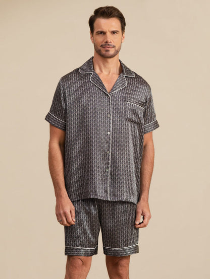 [Black Ginkgo] SilkSilky  Short Sleeve Lapel Collar Men's Pajamas 005