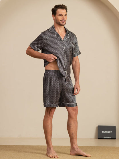 [Black Ginkgo] SilkSilky  Short Sleeve Lapel Collar Men's Pajamas 006
