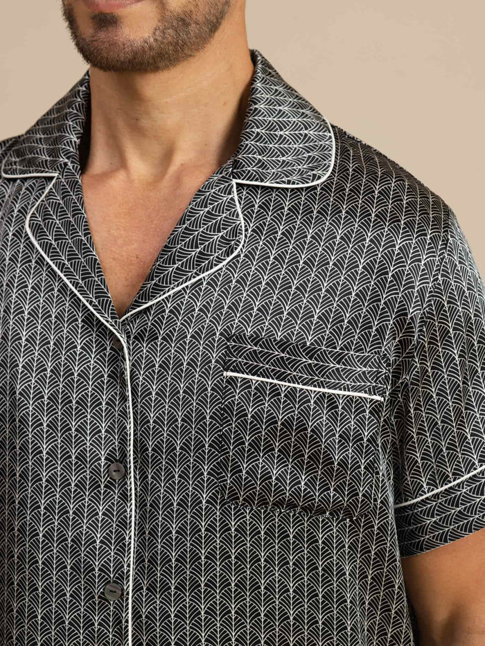[Black Ginkgo] SilkSilky  Short Sleeve Lapel Collar Men's Pajamas 007