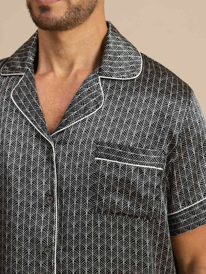 [Black Ginkgo] SilkSilky  Short Sleeve Lapel Collar Men's Pajamas 007