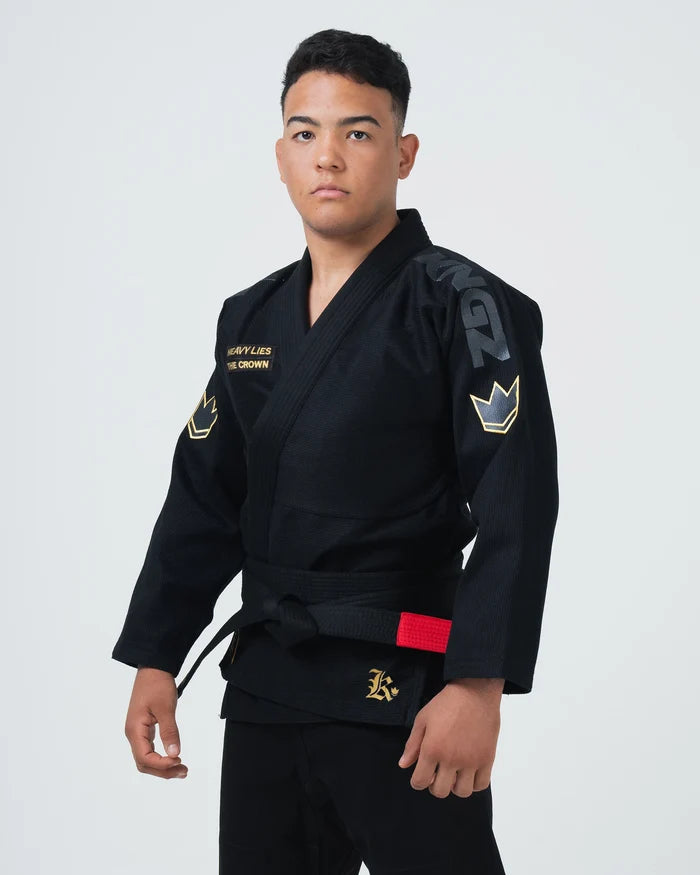 Kingz Comp 450 V6 BJJ Gi Black - Angled Side View Heavy Lies The Crown Embroidery