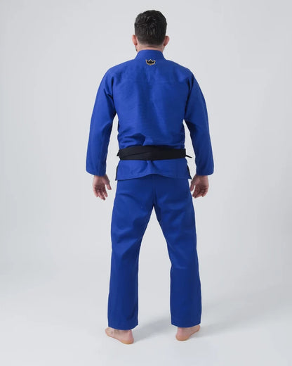 Kingz Comp 450 V6 Jiu Jitsu Gi - Blue - Back View Male Athlete Gold Crown Logo Upper Back Solid Blue Fabric Durable Design BJJ Training Gi [color:Blue]