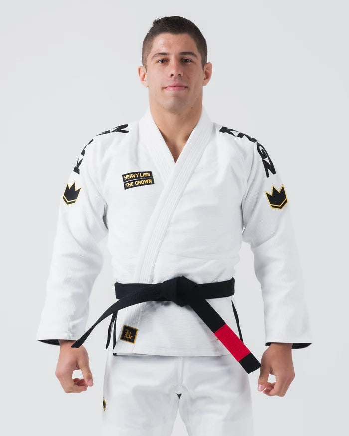 Kingz Comp 450 V6 Jiu Jitsu Gi - White - Full Body Front View Male Athlete Black Belt Crown Badge Shoulder Patch Heavy Lies The Crown Text Durable Fabric BJJ Gi Training [color:White]