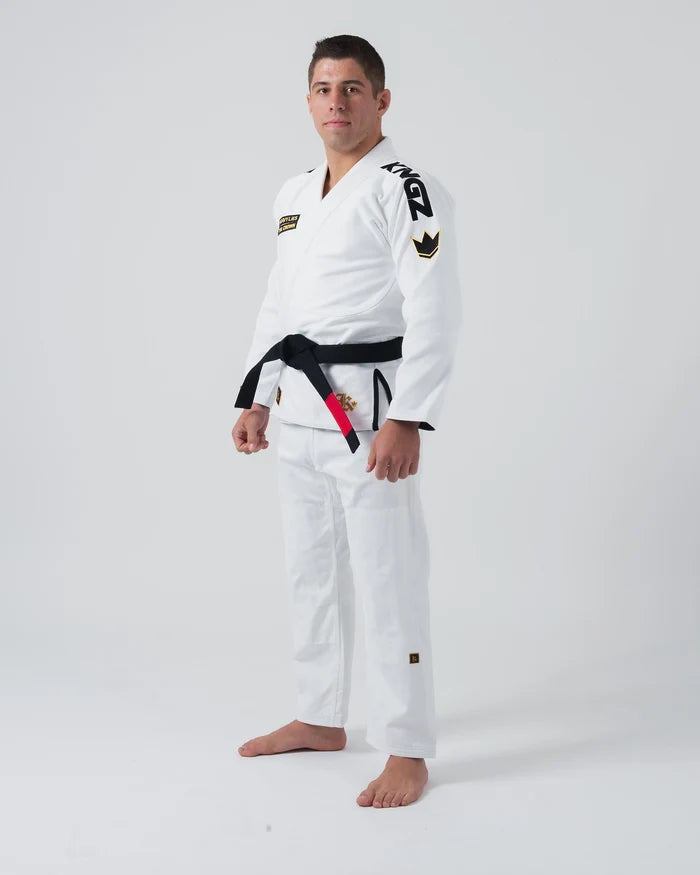 Kingz Comp 450 V6 Jiu Jitsu Gi - White - Full Body Front View Male Athlete White Gi Black KINGZ Shoulder Text Crown Badge Chest Patch Durable Fabric BJJ Training Gi [color:White]