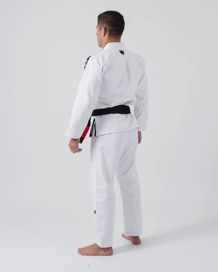 Kingz Comp 450 V6 Jiu Jitsu Gi - White - Back View Male Athlete Black Belt Gold Crown Neck Patch Reinforced Stitching Durable Fabric BJJ Gi Training Gear [color:White]