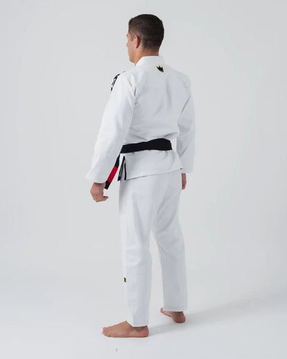 Kingz Comp 450 V6 Jiu Jitsu Gi - White - Back View Male Athlete Black Belt Gold Crown Neck Patch Reinforced Stitching Durable Fabric BJJ Gi Training Gear [color:White]