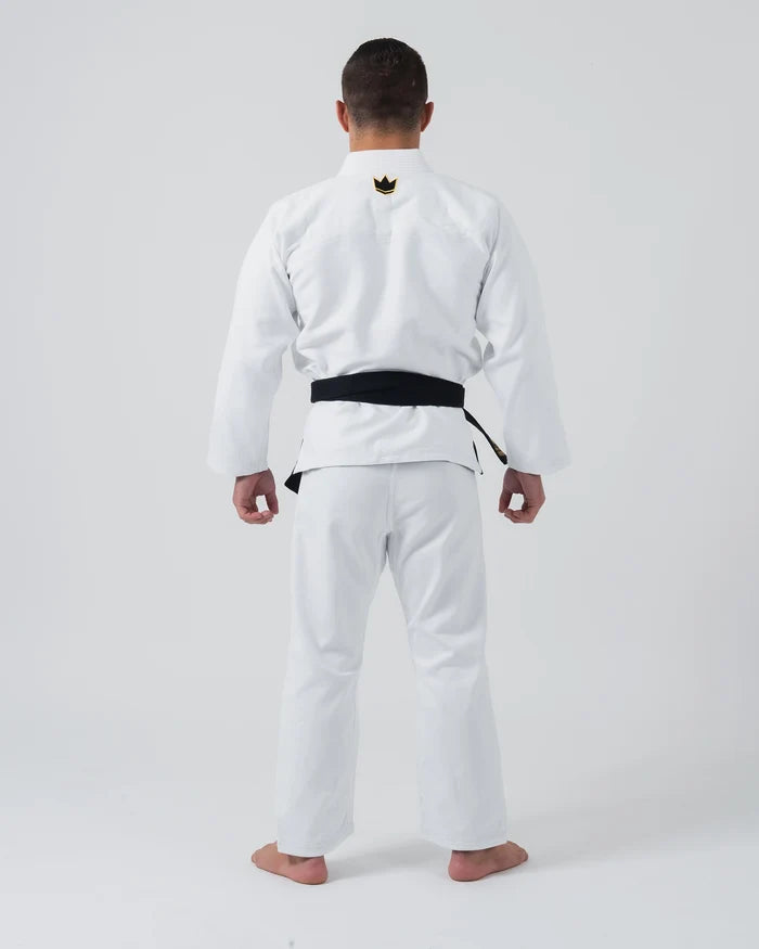 Kingz Comp 450 V6 Jiu Jitsu Gi - White - Full Body Back View Male Athlete Black Belt Gold Crown Logo Upper Back Plain White Fabric Traditional Fit BJJ Gi Training Jiu Jitsu Gear [color:White]