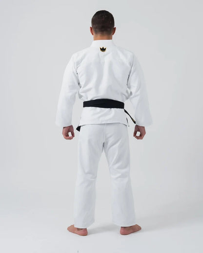 Kingz Comp 450 V6 Jiu Jitsu Gi - White - Full Body Back View Male Athlete Black Belt Gold Crown Logo Upper Back Plain White Fabric Traditional Fit BJJ Gi Training Jiu Jitsu Gear [color:White]