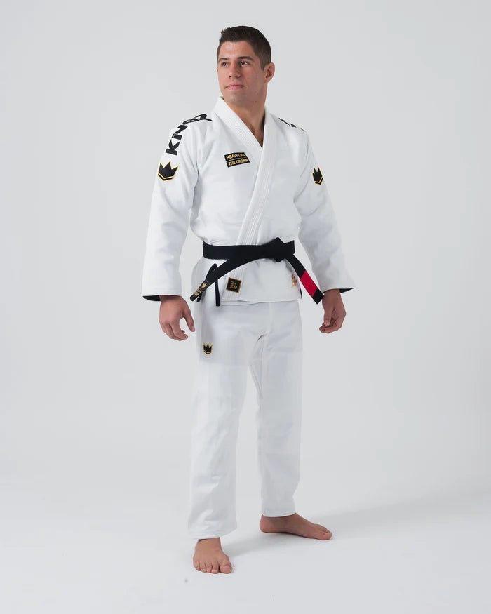 Kingz Comp 450 V6 Jiu Jitsu Gi - White - Full Body Front View Male Athlete White Gi Black KINGZ Shoulder Text Crown Patches Chest and Thigh Contrast Stitching BJJ Gi Training Gear [color:White]