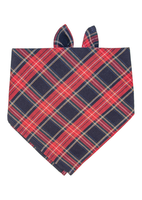 Plaid dog bandana in a red tartan print, featuring intersecting light lines. The bandana is folded neatly with two ends visible at the top for tying.