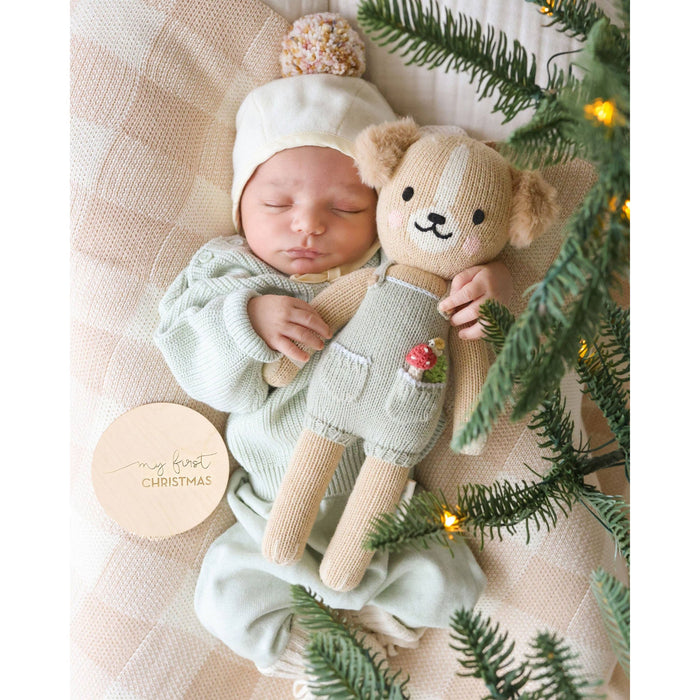 Newborn baby holding a teddy bear with Christmas decorations