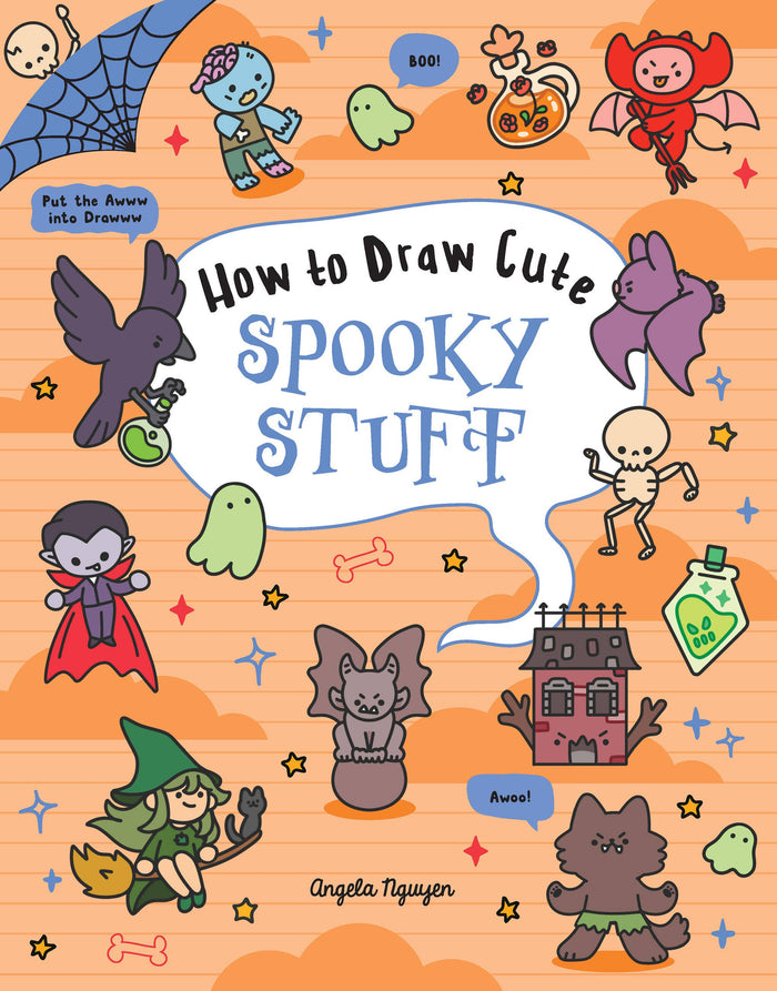 Book cover of 'How to Draw Cute Spooky Stuff' with cartoon illustrations on an orange background.