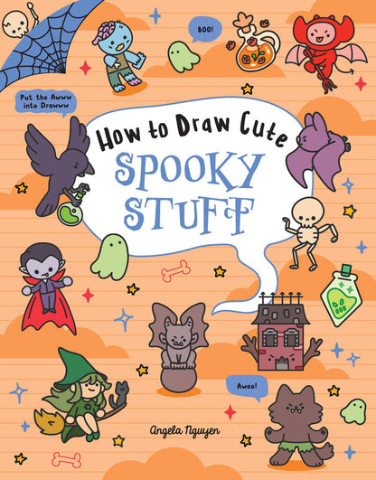 Book cover of 'How to Draw Cute Spooky Stuff' with cartoon illustrations on an orange background.
