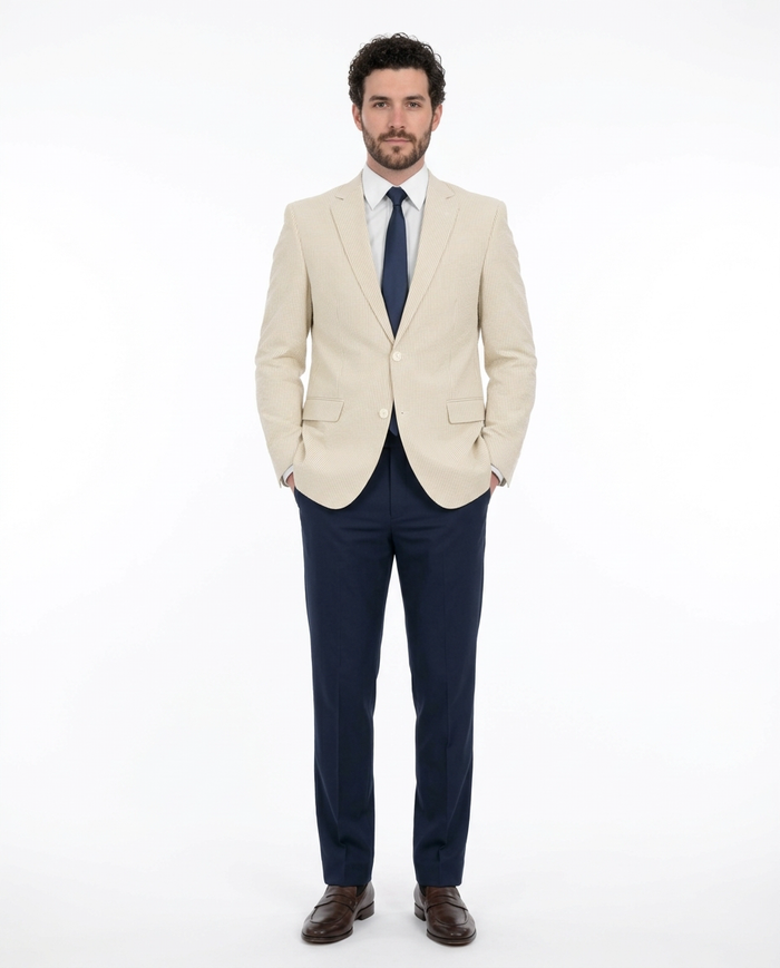 Emigre Classic Fit Tan Pinstriped Two Button Cotton Seersucker Blazer