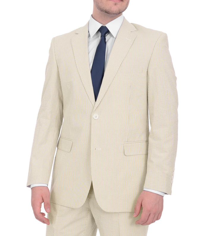 Emigre Classic Fit Tan Pinstriped Two Button Cotton Seersucker Blazer