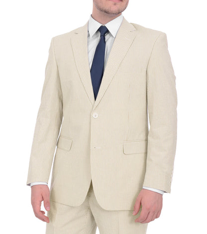 Emigre Classic Fit Tan Pinstriped Two Button Cotton Seersucker Blazer