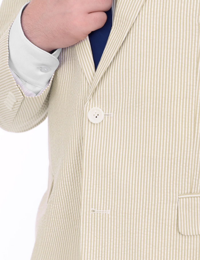 Emigre Classic Fit Tan Pinstriped Two Button Cotton Seersucker Blazer