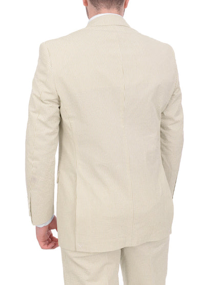 Emigre Classic Fit Tan Pinstriped Two Button Cotton Seersucker Blazer
