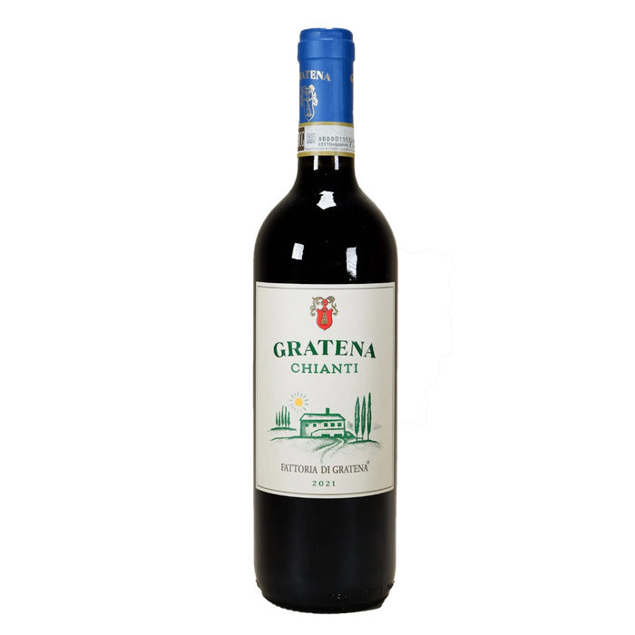 Chianti 2022 wine bottle with blue foil cap and front label