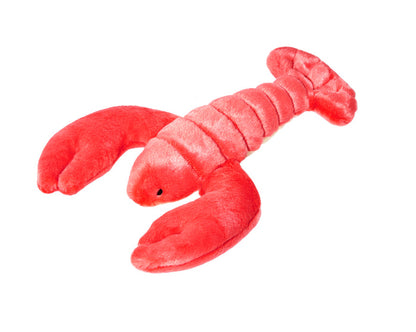 Plush lobster dog toy in bright red with large claws, segmented body, and small black eyes, displayed against a plain white background.