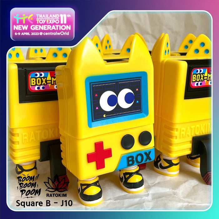 Toy figurine of Game Boy Boxcat - Box-Man by Rato Kim, with limited quantity Sofvi material, featuring various playful designs.