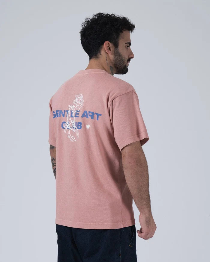 Kingz Gentle Art Club Tee - Back Three Quarter Angle - Gentle Art Club Scorpion Back Print Side View - Muted Pink BJJ [color:Muted Pink]