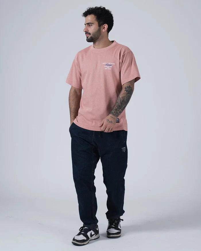 Kingz Gentle Art Club Tee - Full Body Lifestyle Front - Muted Pink Oversized Tee Worn With Dark Pants - BJJ [color:Muted Pink]