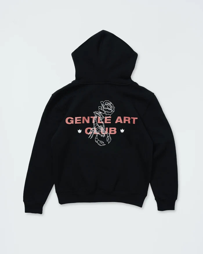 Kingz Gentle Art Club Youth Hoodie - Flat Lay Back - Scorpion and Rose Club Print - Black - Youth BJJ Hoodie [color:Black]