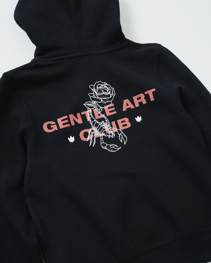 Kingz Gentle Art Club Youth Hoodie - Back Print Angle View - Scorpion Rose Club Graphic - Black - Youth BJJ Hoodie [color:Black]