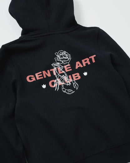 Kingz Gentle Art Club Youth Hoodie - Back Print Angle View - Scorpion Rose Club Graphic - Black - Youth BJJ Hoodie [color:Black]