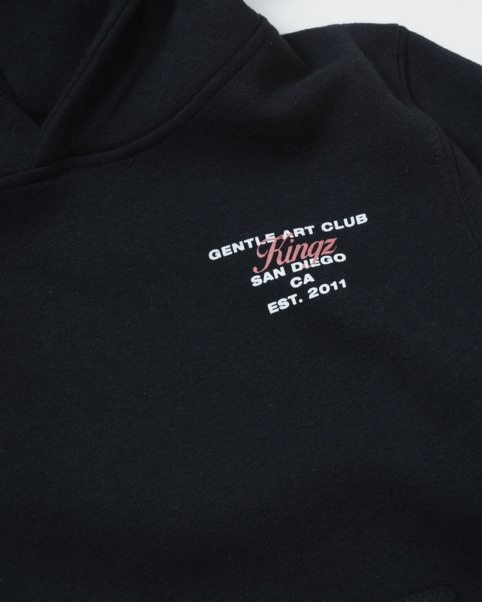 Kingz Gentle Art Club Youth Hoodie - Chest Text Close Up - Gentle Art Club San Diego Print - Black - Youth BJJ Hoodie [color:Black]
