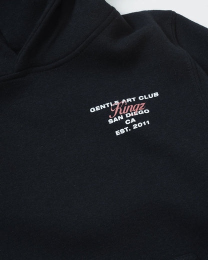 Kingz Gentle Art Club Youth Hoodie - Chest Text Close Up - Gentle Art Club San Diego Print - Black - Youth BJJ Hoodie [color:Black]