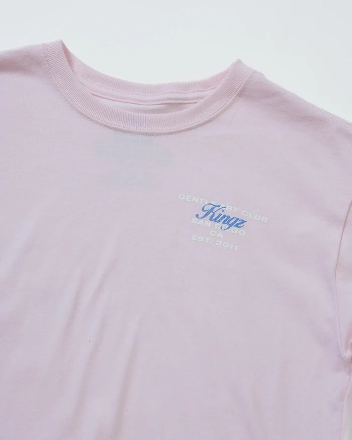 Kingz Gentle Art Club Youth Tee - Detail Shot - Kingz San Diego Chest Logo Close-up - Pink Youth BJJ Tee [color:Pink]