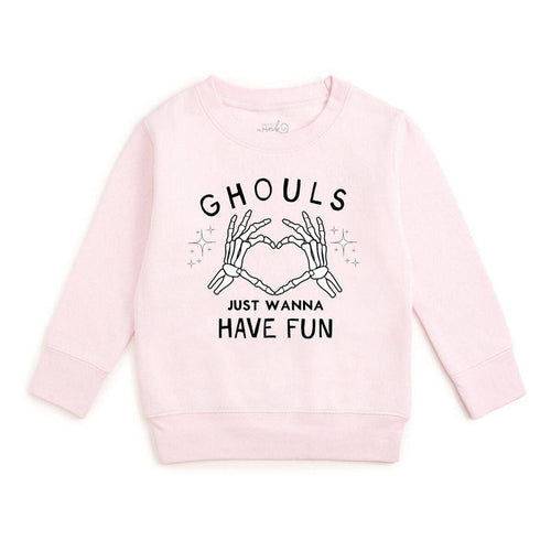 A light pink long-sleeve crewneck sweatshirt featuring a black graphic print of skeleton hands forming a heart shape with the text 'GHOULS JUST WANNA HAVE FUN' on a plain white background.