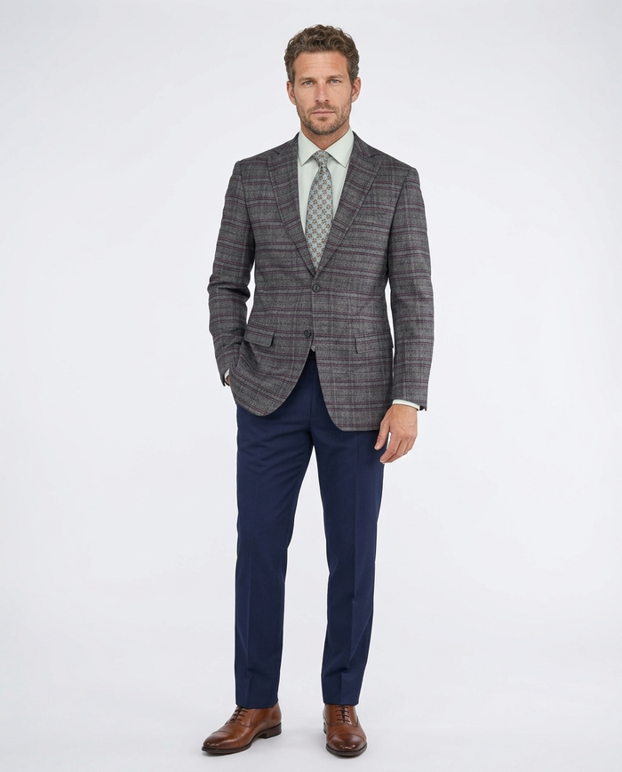 Giorgio Fiorelli Mens Gray & Purple Plaid 2 Button Blazer Sportcoat