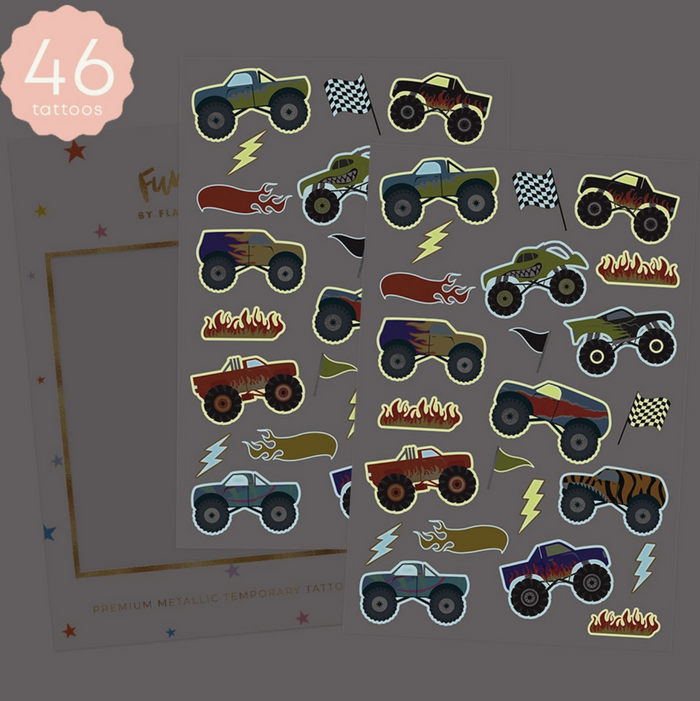 Glowing Monster Trucks Kids Glow in the Dark Tattoo Pack