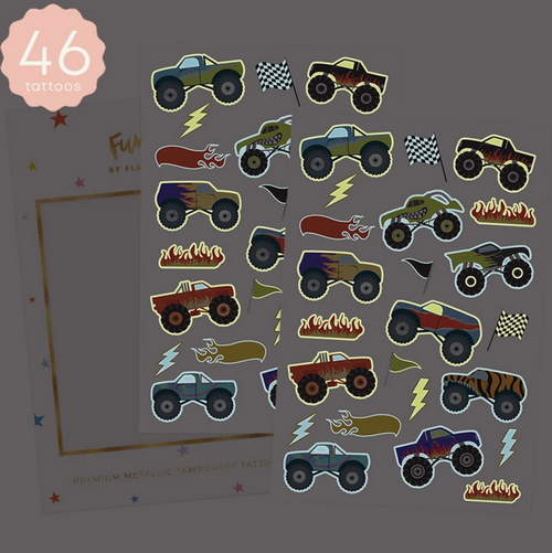 Glowing Monster Trucks Kids Glow in the Dark Tattoo Pack