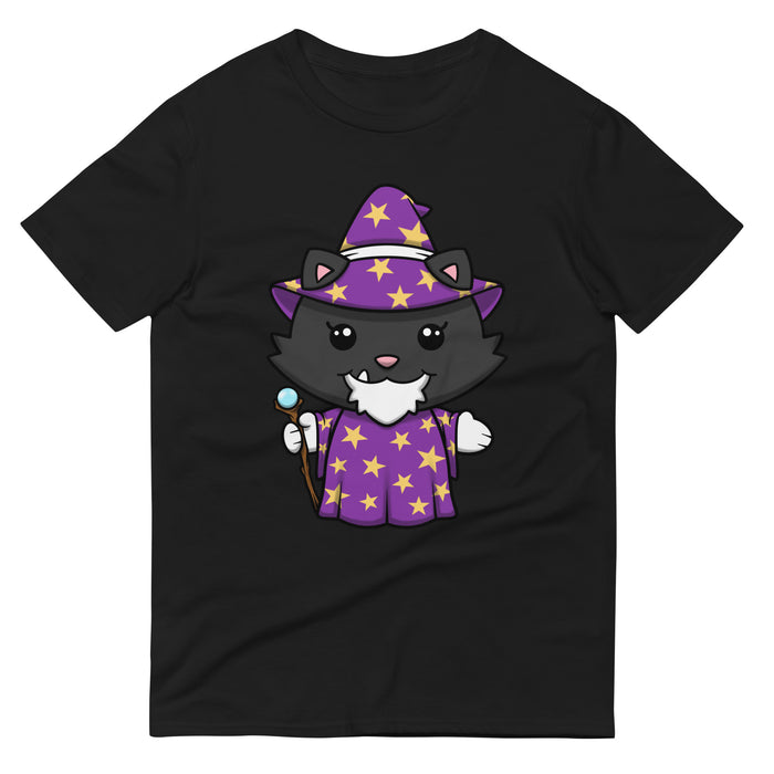 Grandpa The Wizard cartoon cat shirt with wizard cat design on black shirt.