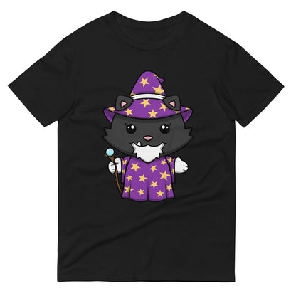 Grandpa The Wizard cartoon cat shirt with wizard cat design on black shirt.