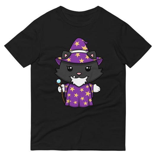 Grandpa The Wizard cartoon cat shirt with wizard cat design on black shirt.