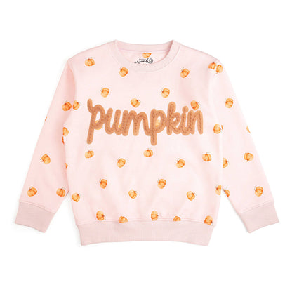 A light pink crewneck sweatshirt featuring the word 'pumpkin' in textured orange letters across the chest, surrounded by small orange pumpkin prints, laid flat on a white background.