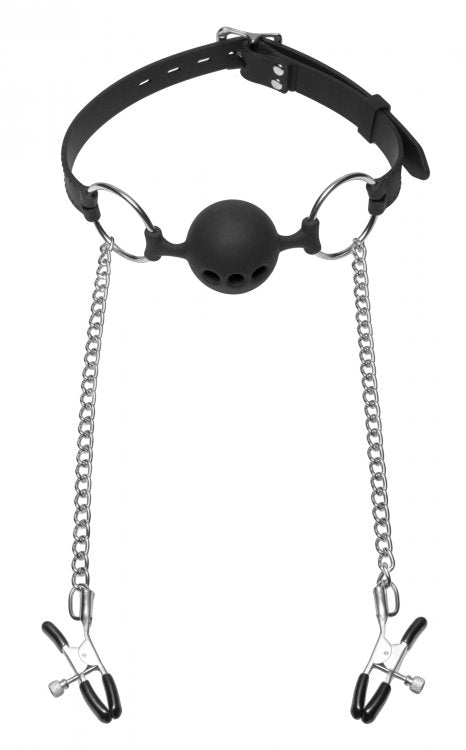 Hinder Ball Gag with Nipple Clamps Image 2